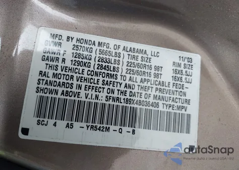 2004 Honda Odyssey Ex-L z USA, uszkodzony, nr VIN 5FNRL189X4B036406